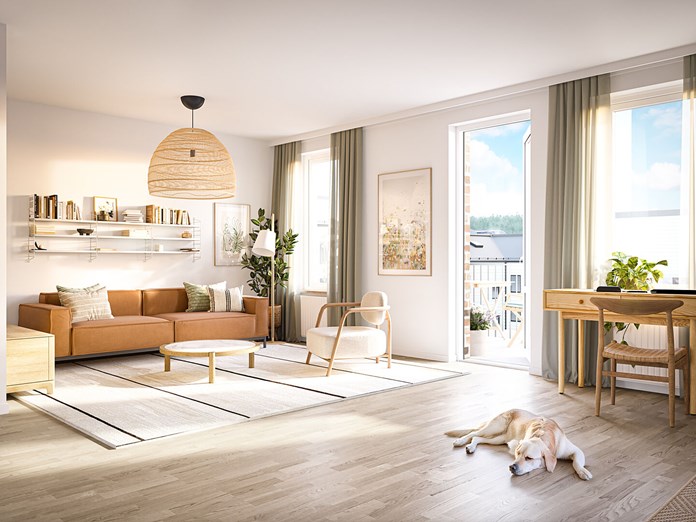 Vardagsrum med utgång till balkong