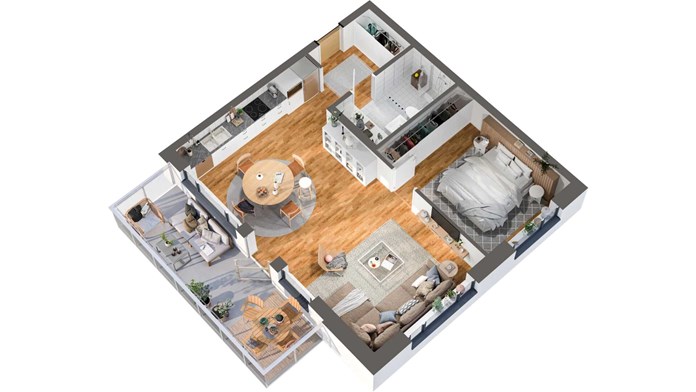 3D bild på två rum och kök